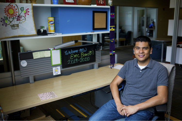 Jonny Gutierrez sits in the UMKC student organizations office